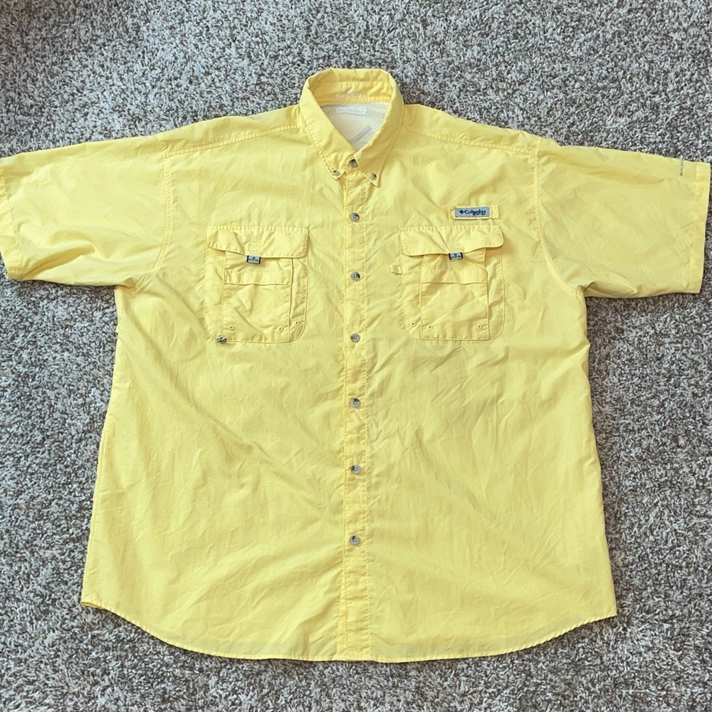 COLUMBIA PFG Fishing Yellow Short Sleeve Button Down Sportswear Shirt Size XL